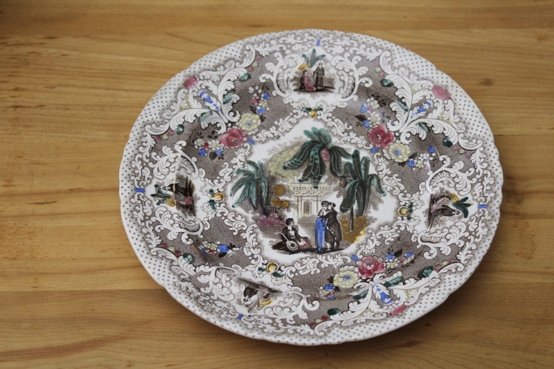 photo of antique English transferware china plate, multicolored Syrian pattern 1800s vintage backstamp #1