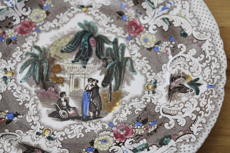 photo of antique English transferware china plate, multicolored Syrian pattern 1800s vintage backstamp #2