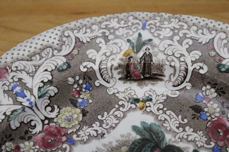 photo of antique English transferware china plate, multicolored Syrian pattern 1800s vintage backstamp #3