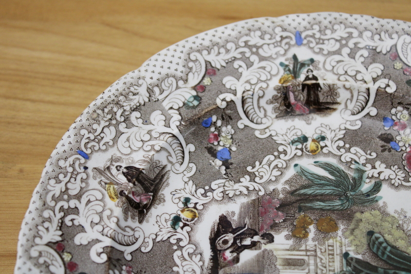 photo of antique English transferware china plate, multicolored Syrian pattern 1800s vintage backstamp #4