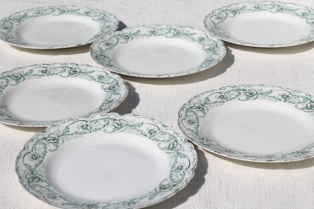 photo of antique English transferware china plates, Johnson Brothers Beaufort green floral #1