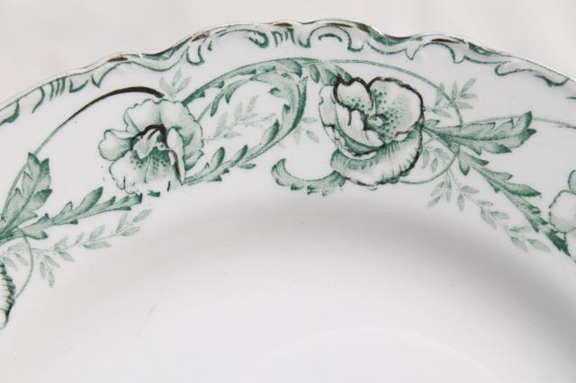 photo of antique English transferware china plates, Johnson Brothers Beaufort green floral #5