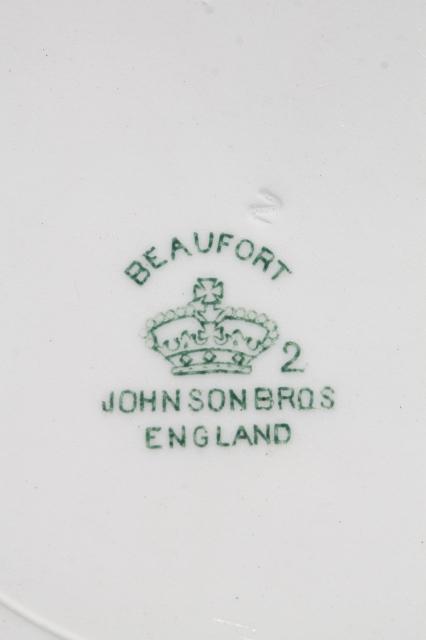 photo of antique English transferware china plates, Johnson Brothers Beaufort green floral #8