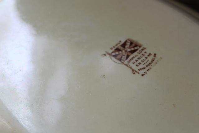 photo of antique English transferware china platter oval bowl, brown transfer pansy pattern floral #4