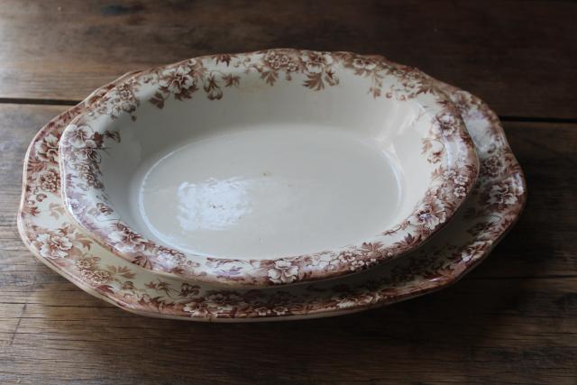 photo of antique English transferware china platter oval bowl, brown transfer pansy pattern floral #8