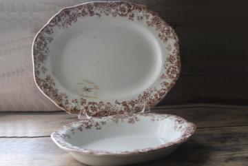 catalog photo of antique English transferware china platter oval bowl, brown transfer pansy pattern floral