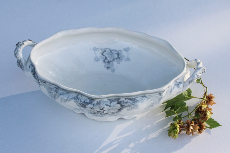photo of antique English transferware china serving bowl, oval dish w/ handles, Harvest pattern #1