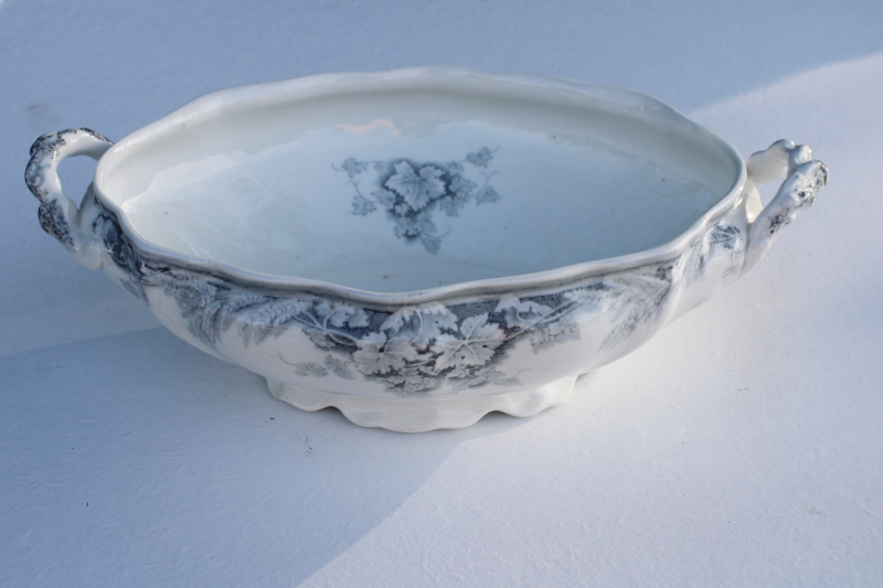 photo of antique English transferware china serving bowl, oval dish w/ handles, Harvest pattern #5