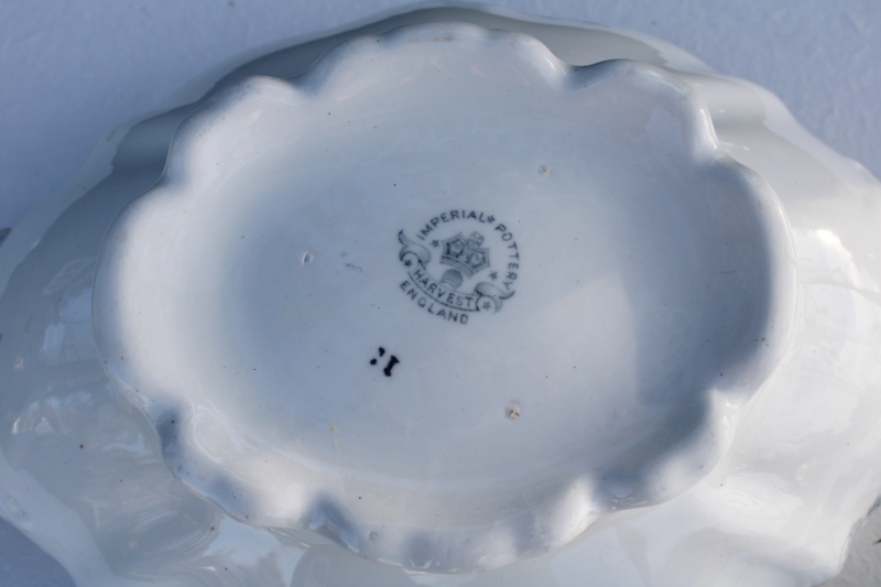 photo of antique English transferware china serving bowl, oval dish w/ handles, Harvest pattern #7