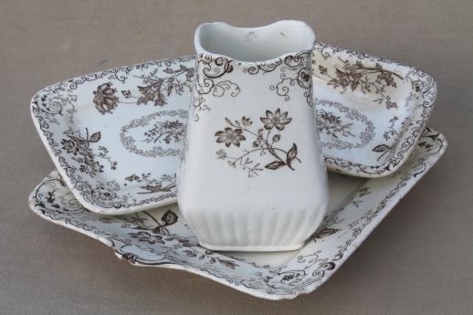 photo of antique English transferware china wash set accessory tray, toothbrush vase, soap dish #1