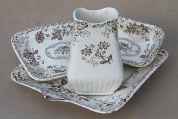 catalog photo of antique English transferware china wash set accessory tray, toothbrush vase, soap dish