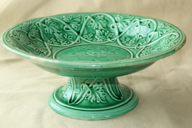 photo of antique Etruscan majolica pottery compote dessert stand, green vines love conquers all motif #1