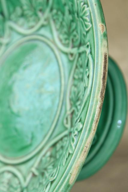 photo of antique Etruscan majolica pottery compote dessert stand, green vines love conquers all motif #2