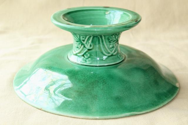 photo of antique Etruscan majolica pottery compote dessert stand, green vines love conquers all motif #3