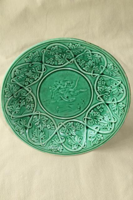 photo of antique Etruscan majolica pottery compote dessert stand, green vines love conquers all motif #6