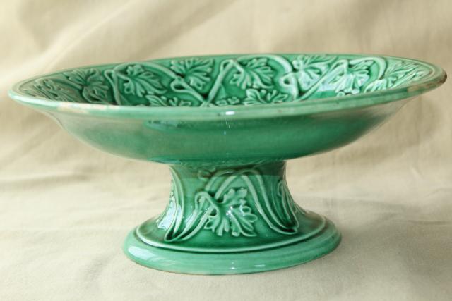 photo of antique Etruscan majolica pottery compote dessert stand, green vines love conquers all motif #7