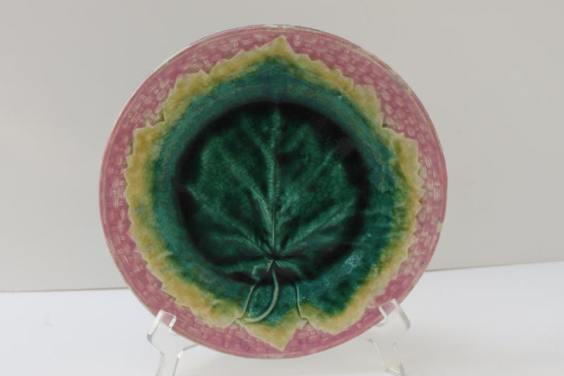 photo of antique Etruscan majolica pottery, round plate w/ begonia leaf, pink basketweave border #1