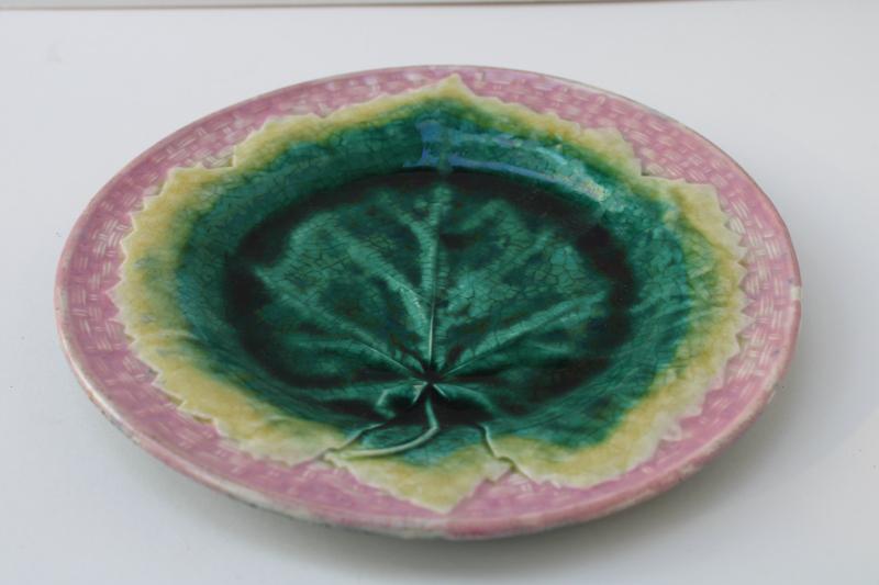 photo of antique Etruscan majolica pottery, round plate w/ begonia leaf, pink basketweave border #3