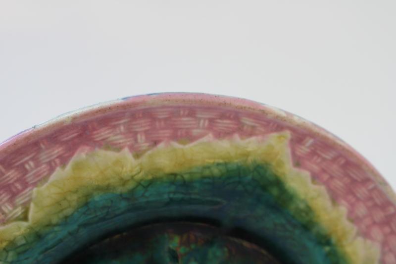 photo of antique Etruscan majolica pottery, round plate w/ begonia leaf, pink basketweave border #4