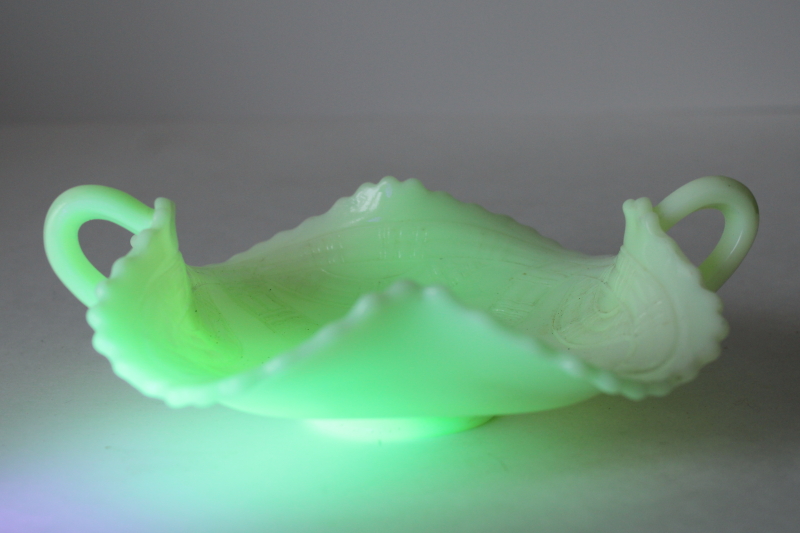 photo of antique Fenton custard glass bonbon or trinket dish, prayer rug pattern uranium green glow  #1
