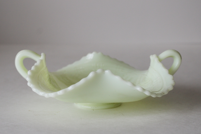 photo of antique Fenton custard glass bonbon or trinket dish, prayer rug pattern uranium green glow  #2