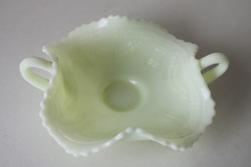 photo of antique Fenton custard glass bonbon or trinket dish, prayer rug pattern uranium green glow  #3