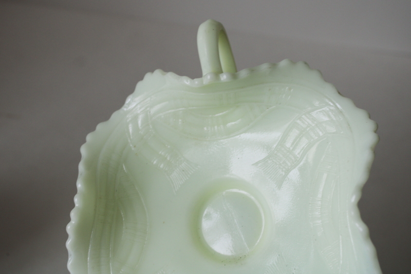 photo of antique Fenton custard glass bonbon or trinket dish, prayer rug pattern uranium green glow  #4