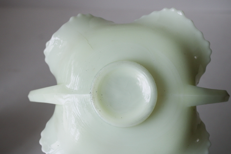 photo of antique Fenton custard glass bonbon or trinket dish, prayer rug pattern uranium green glow  #5