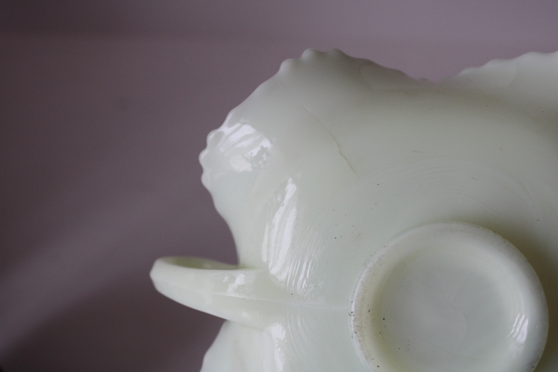 photo of antique Fenton custard glass bonbon or trinket dish, prayer rug pattern uranium green glow  #6