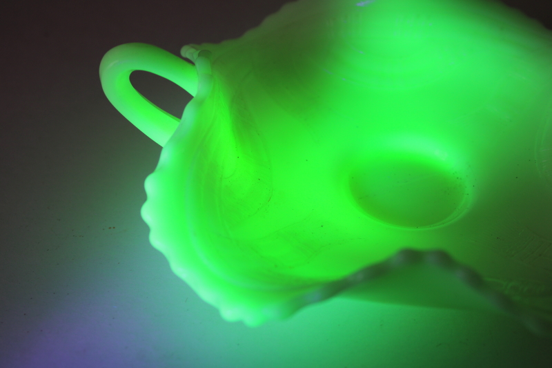 photo of antique Fenton custard glass bonbon or trinket dish, prayer rug pattern uranium green glow  #7