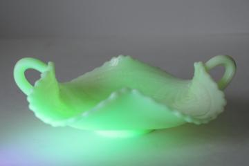 catalog photo of antique Fenton custard glass bonbon or trinket dish, prayer rug pattern uranium green glow 