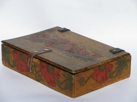 photo of antique Flemish art tinted pyography box w/ red poppies, vintage lap desk #3