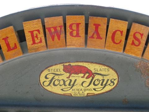 photo of antique Foxy tin spelling wheel toy, wood letter tiles, vintage game board #2