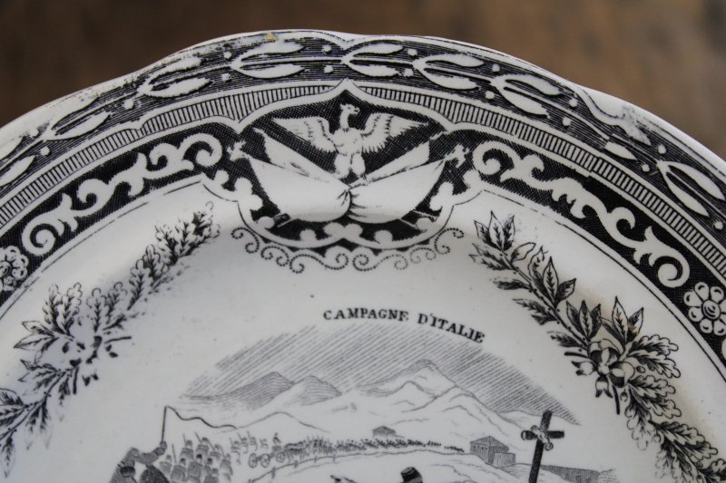photo of antique French Gien faience pottery plate black transferware 1859 military scene number 1 #3