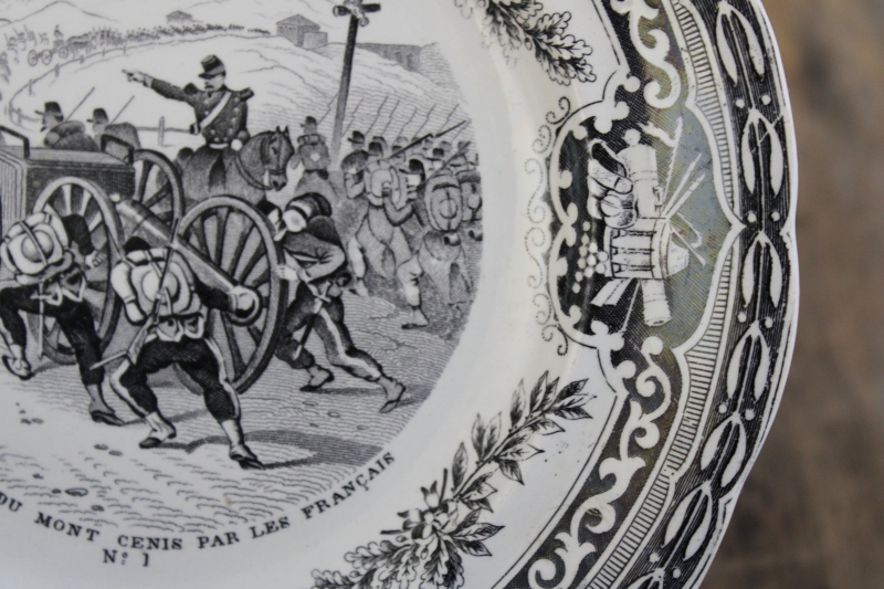 photo of antique French Gien faience pottery plate black transferware 1859 military scene number 1 #4