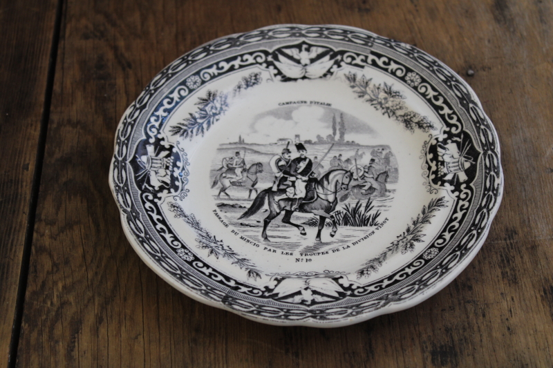 photo of antique French Gien faience pottery plate black transferware 1859 military scene number 10 #1
