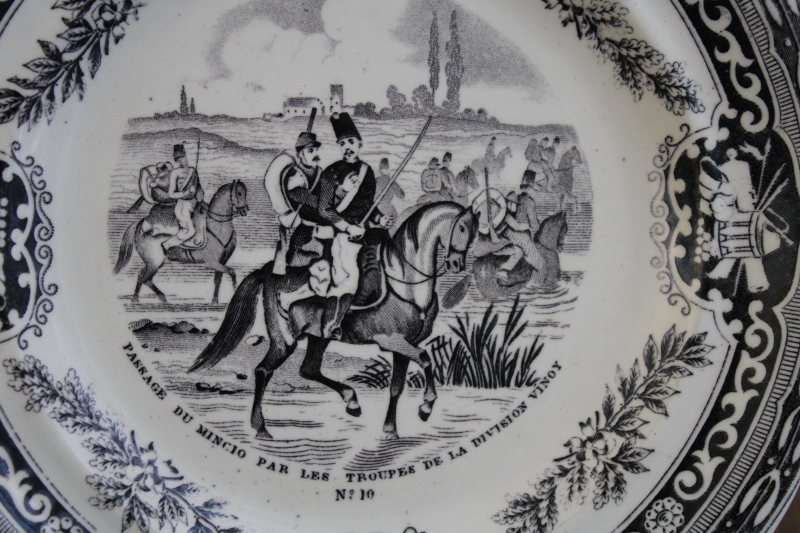 photo of antique French Gien faience pottery plate black transferware 1859 military scene number 10 #2