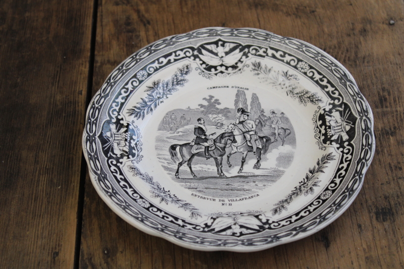photo of antique French Gien faience pottery plate black transferware 1859 military scene number 11 #1
