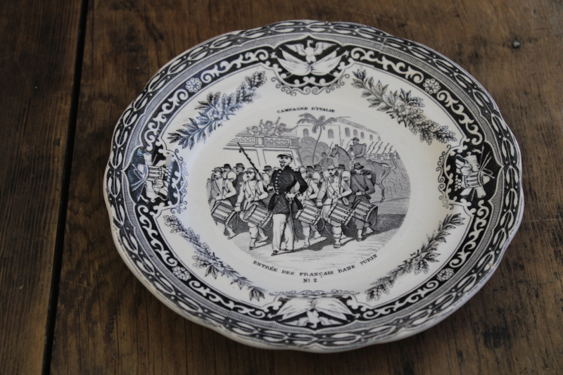photo of antique French Gien faience pottery plate black transferware 1859 military scene number 2 #1