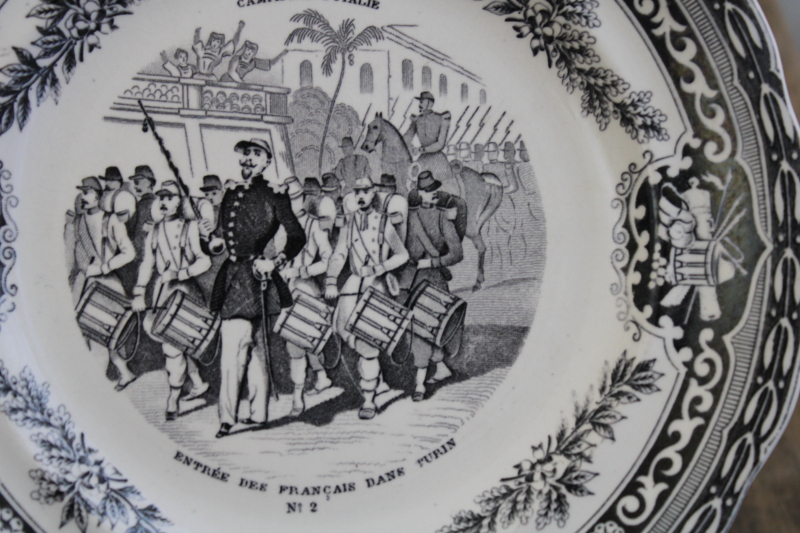 photo of antique French Gien faience pottery plate black transferware 1859 military scene number 2 #2