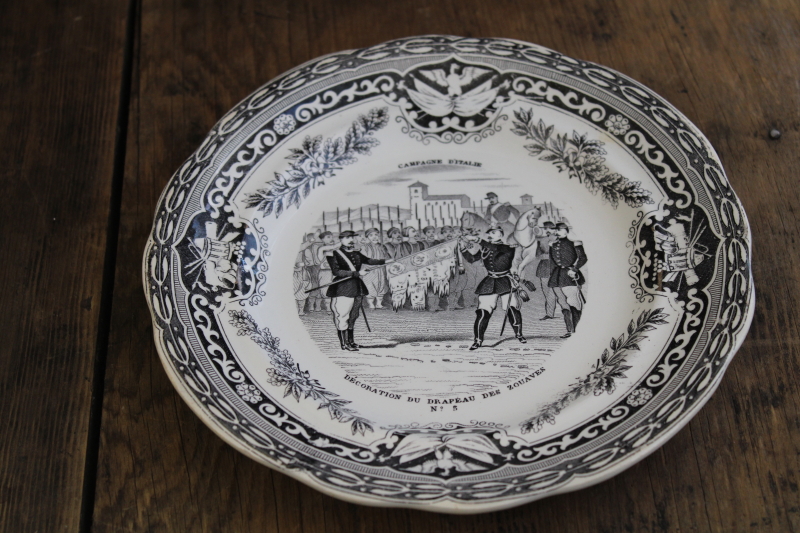 photo of antique French Gien faience pottery plate black transferware 1859 military scene number 5 #1