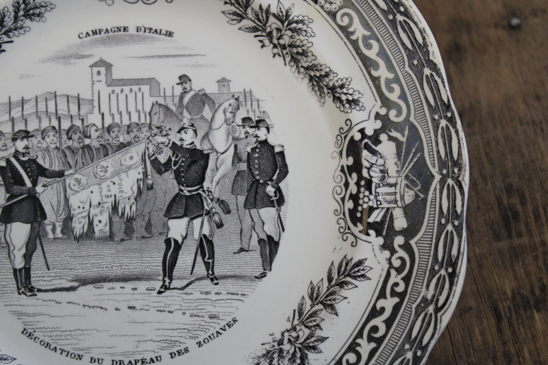 photo of antique French Gien faience pottery plate black transferware 1859 military scene number 5 #3