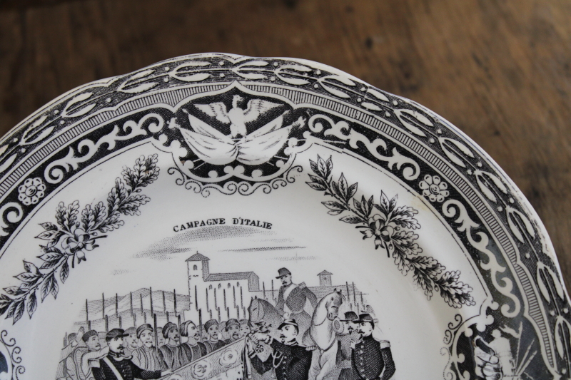 photo of antique French Gien faience pottery plate black transferware 1859 military scene number 5 #4