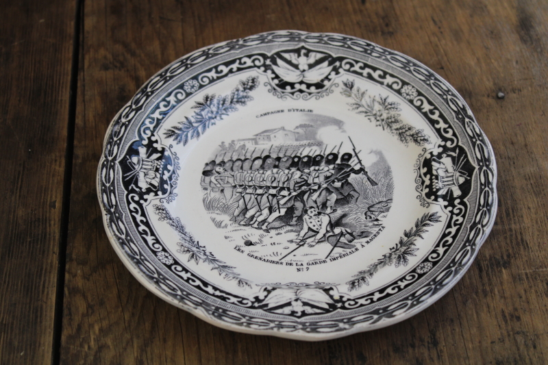 photo of antique French Gien faience pottery plate black transferware 1859 military scene number 7 #1