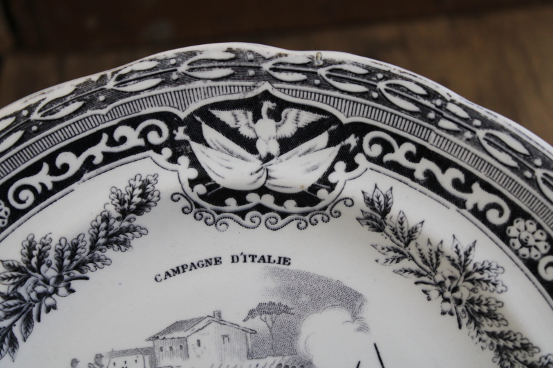 photo of antique French Gien faience pottery plate black transferware 1859 military scene number 7 #3