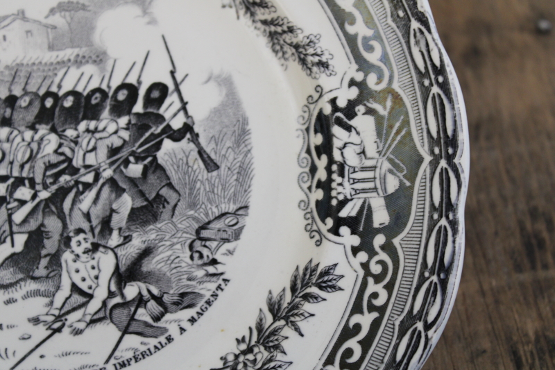 photo of antique French Gien faience pottery plate black transferware 1859 military scene number 7 #4