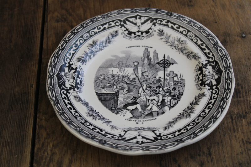 photo of antique French Gien faience pottery plate black transferware 1859 military scene number 8 #1