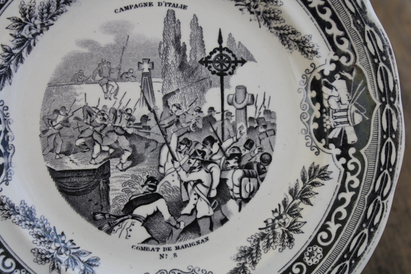 photo of antique French Gien faience pottery plate black transferware 1859 military scene number 8 #2