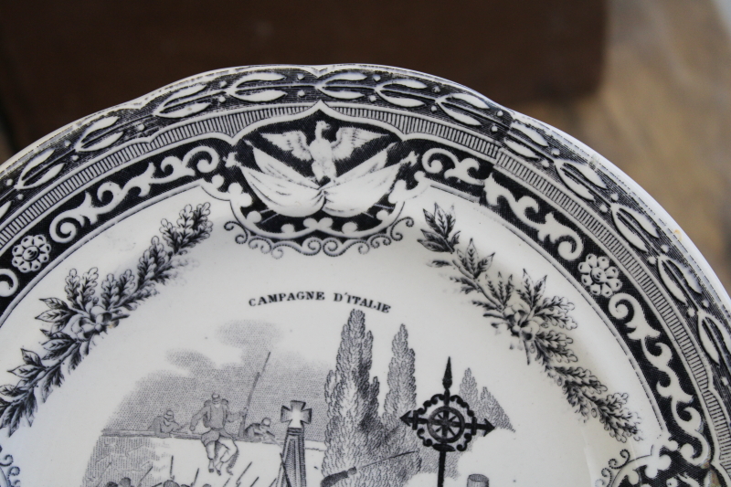 photo of antique French Gien faience pottery plate black transferware 1859 military scene number 8 #3