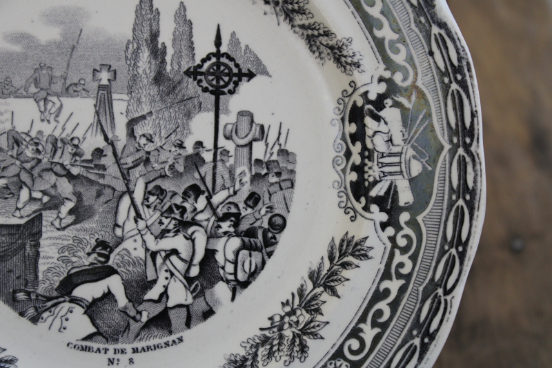 photo of antique French Gien faience pottery plate black transferware 1859 military scene number 8 #4